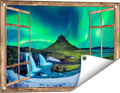 Gards Tuinposter Doorkijk Noorderlicht bij de Watervallen in IJsland - 60x40 cm - Tuindoek - Tuindecoratie - Wanddecoratie buiten - Tuinschilderij