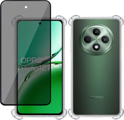 Hoesje + Privé Screenprotector geschikt voor OPPO Reno 12 F / Reno 12 FS – Privacy Tempered Glass - Case Transparant
