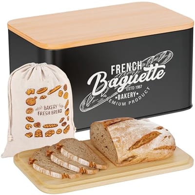 Broodtrommel Vintage 'French Baguette' - Metaal & Bamboe - 30 x 18 x 13,7 cm - Voor Stokbrood en Beschuit