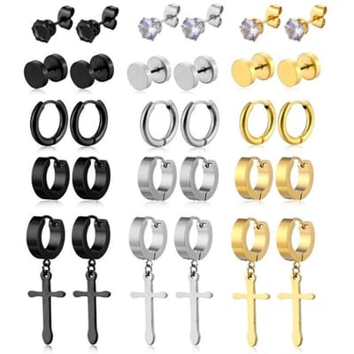 15 Paires Boucles d'Oreilles Pendantes Croix Noires pour Hommes Femmes Acier Inoxydable Forme Différente Boucles d'Oreilles Mode beige