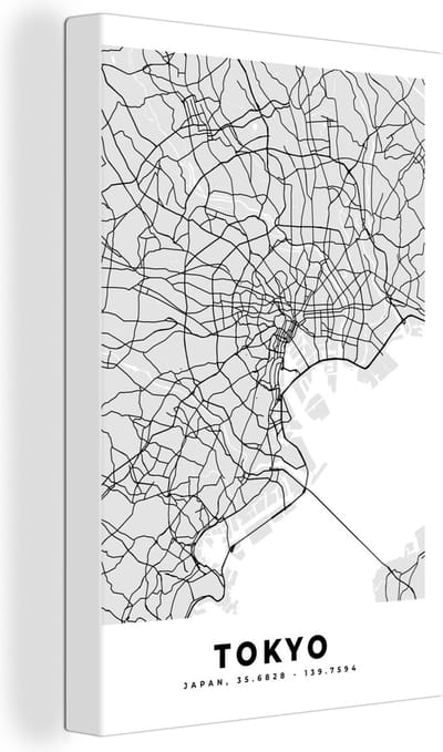 Canvas Schilderij Tokyo - Stadskaart - Zwart Wit - Plattegrond - Kaart - 20x30 cm - Wanddecoratie