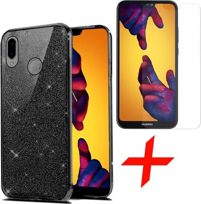 Hoesje geschikt voor Huawei P20 Lite - Glitters Case Zwart + Screenprotector Tempered Glass - BlingBling Cover van iCall