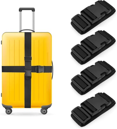 SnelShoppen - Set van 4 Verstelbare Kofferbanden met Adreslabel, Veilig Reizen, Koffer, Bagageband, Cross, Veiligheidsriem (Zwart)