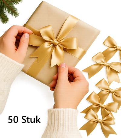 50x Gouden Satijnen Strikken – 8,5 cm – Luxe Decoraties voor Cadeaus, Bruiloften & Feestdagen – Glanzende Strikjes van Polyester – DIY & Geschenkverpakking