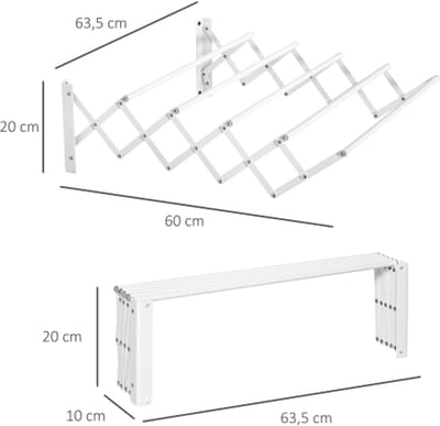 Opvouwbaar Wandwasrek 63,5x60x20cm Wit Metaal Weerbestendig 5 Lijnen tot 10kg Ruimtebesparend voor Terras Badkamer