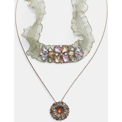 Stradivarius Set van 2 stoffen choker kettingen  Kaki OS