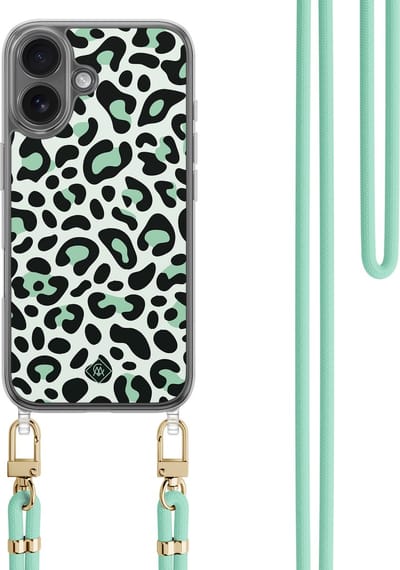 Casimoda® hoesje met koord - Geschikt voor iPhone 16 - Leopard Mint - Afneembaar koord - TPU/polycarbonaat - Mint