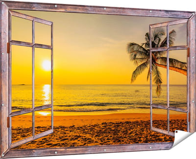Gards Tuinposter Doorkijk Tropisch Strand tijdens Zonsondergang - 180x120 cm - Tuindoek - Tuindecoratie - Wanddecoratie buiten - Tuinschilderij