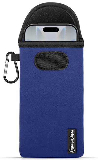 MobyDefend Hoesje - Geschikt voor iPhone 17 - Neopreen Pouch Met Karabijnhaak - Insteek - Riemlus - Blauw