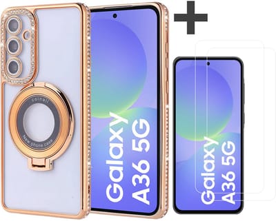 Hoesje met Ringhouder Geschikt voor Samsung Galaxy A36 met Diamant Glitters en 2 Stuks Gehard Glas Screenprotector – Arara Backcover - Goud
