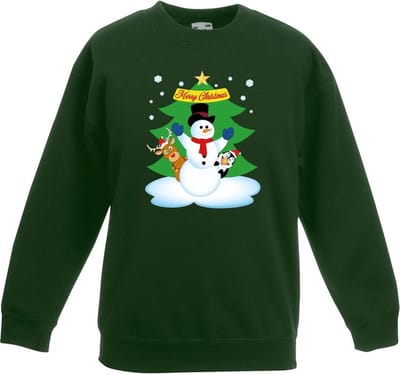 Groene kersttrui met een sneeuwpop en zijn dieren vriendjes voor jongens en meisjes - Kerstruien kind 98/104