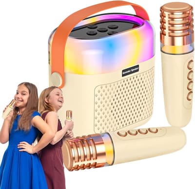 Kids Singing Machine, Family Karaoke Set, Home Karaoke System, Karaoke Speaker, Draagbare Karaoke Machine Family Karaoke Set met Draadloze Microfoon en Verlichting voor Kinderen met Verlichting（Beige）