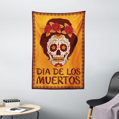 ABAKUHAUS Suikerschedeltapijt, Mexicaans schedelmeisje, woonkamer slaapkamer wanddoek zijdezacht satijnen wandtapijt, 100 x 150 cm, bruine goudslingel