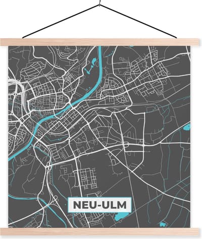 Posterhanger incl. Poster 40x40 cm - Schoolplaat - Stadskaart – Plattegrond – Duitsland – Blauw – Neu Ulm – Kaart - Textielposter - Blanke latten - Stadskaart