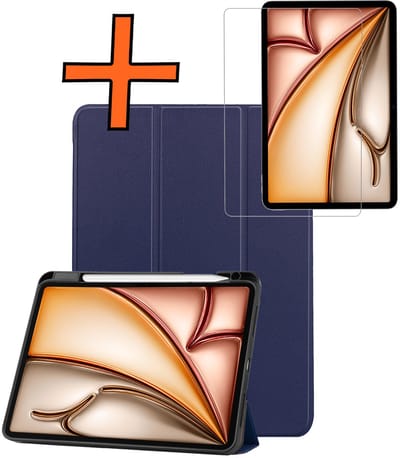 Hoesje - Geschikt voor Apple iPad Air M3/M4 (2025/2026) - 11 inch - Met Screenprotector - Trifold Bookcase - Hard Cover Case - Met Uitsparing Geschikt voor Apple Pencil - Hardcover Book - Tablet Hoes - Donkerblauw