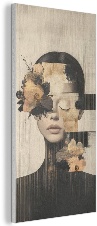 Akoestisch wandpaneel 40x80 cm - Vilt schilderij Gezicht - Bloemen - Zwart - Vrouw - Akoestische panelen - Geluidsdempende wanddecoratie - Geluidsisolatie woonkamer - Muurdecoratie geluidspanelen