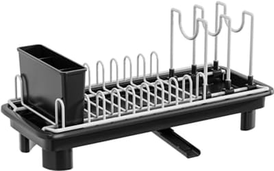 Compact Afwasrek voor Servies - Ideaal voor 12 Borden met Bestek - Met Afneembare Haak - 41 x 17 x 10 cm (Zwart)