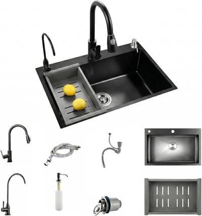 Zwarte RVS Keukenspoelbak 60 x 45 cm met Uittrekbare Kraan, Zeepdispenser en Afvoerputje