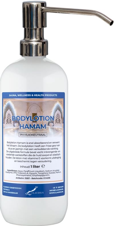 Bodylotion Hamam 1 Liter met luxe RVS zilverkleurige pomp - stijlvolle en duurzame uitstraling