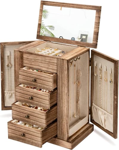 Houten Sieradenkist - Juwelier Organizer - Sieraden Opbergen - Met Ingebouwde Spiegel - 33 x 26.5 x 15.5 cm