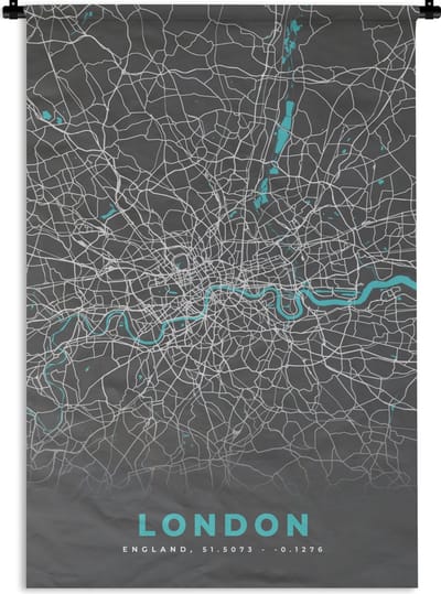 Wandkleed - Wanddoek - Londen - Stadskaart - Blauw - Kaart - Plattegrond - 120x180 cm - Wandtapijt