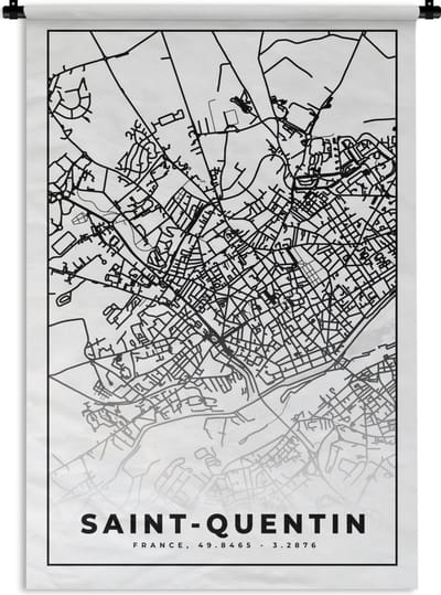Wandkleed - Wanddoek - Stadskaart - Saint-Quentin - Plattegrond - Kaart - Frankrijk - Zwart wit - 120x180 cm - Wandtapijt