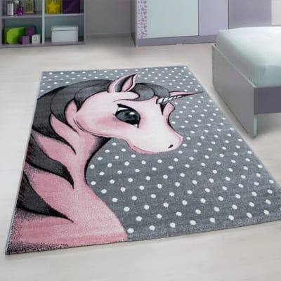 Muratap Kids eenhoorn vloerkleed kinderkamer roze / grijs laagpolig- 80x150 cm