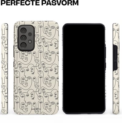 Casetastic hoesje geschikt voor Samsung Galaxy A53 (2022) 5G - Dubbellaagse bescherming - Art Deco Creme Abstractie Lijntekening Gezichten - Fashion Case - Zilver Crème Wit