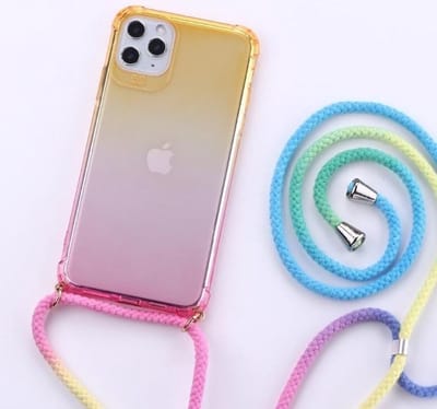 ShieldCase Telefoonhoesje met koord geschikt voor Apple iPhone 11 - Hoesje met telefoonkoord voor iPhone 11 - Schokbestendig - Transparant geel/roze
