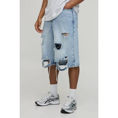 Fade Wash Extreme Distressed Longline Jorts | Light Blue | Size 46