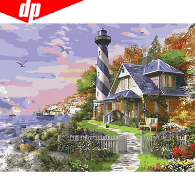 Peinture Paysage Phare Toile Peinte à la Main Art Mural Scène de Ville Peinture à l'Huile par Numéros Cadeau 20X30CM gray