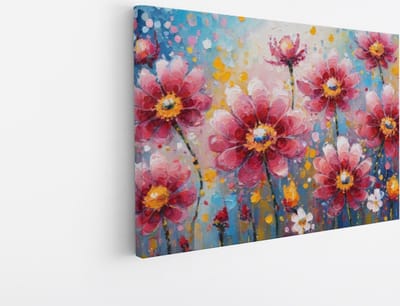 Saammp Canvas Schilderij - Roze Bloemen - Abstract - Blauw - 30x20 - Foto op canvas - Wanddecoratie - Muurdecoratie Woonkamer - Kantoor Decoratie