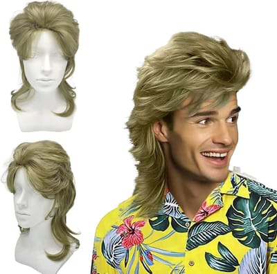 Vokuhila Lange Krullende Perucque voor Mannen - Retro Disco Cosplay en Halloween Accessoire in Blond