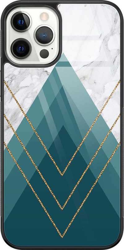 Hoesje geschikt voor iPhone 12 Pro - Geometrisch blauw - Luxe Glazen Hardcase - Hippe print - Blauw - Leuke Telefoonhoesjes