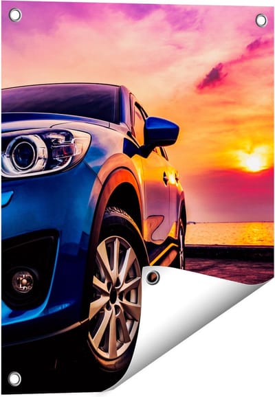 Gards Tuinposter Blauwe Sportwagen Auto bij Zonsondergang - 40x50 cm - Tuindoek - Tuindecoratie - Wanddecoratie buiten - Tuinschilderij