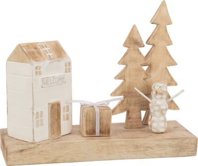 J-Line kerstdecoratie Huis Cadeau Boom - hout - naturel/wit - 30 cm hoog