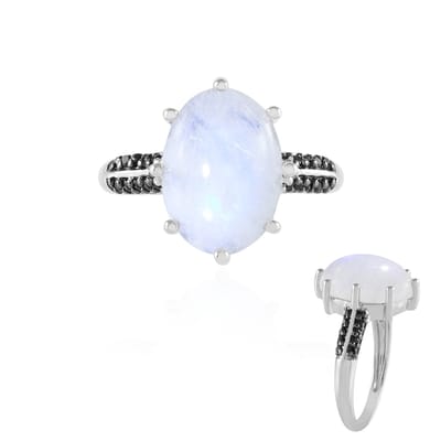 Cavill - Zilveren Ring met Regenboog Maansteen 5,957 ct - Ovaal Cabochon - 925 Sterling Zilver Geplatineerd - 20 Zwarte Spinel - Luxe Sieraad Dames