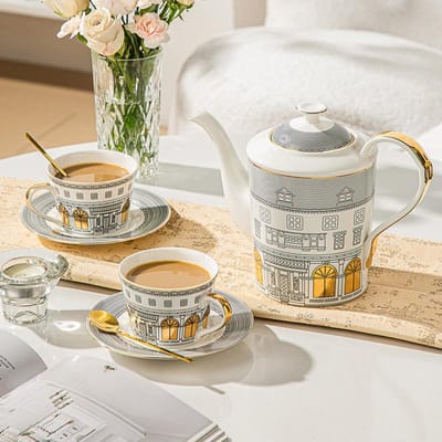 Italiaans Gouden Romeinse Architectuur Koffiekopje Schotel Theepot Set Goud-patroon Handvat Zwanenkasteel Afternoon Tea Set Cadeau Idee