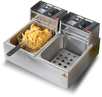 Commerciële elektrische friteuse, 24 liter inhoud, 5000 W roestvrijstalen tafel friteuse met twee uitneembare manden, voor keuken en restaurant, Silver