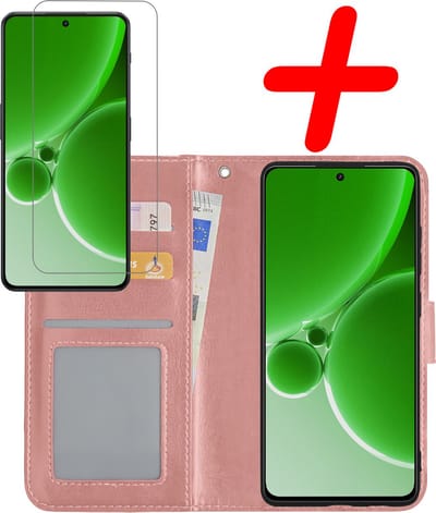 Hoesje Met Screenprotector - Geschikt voor OnePlus Nord 3 - Luxe Pasjeshouder - Bookcase Portemonee - Flip Case - Kunstleer Book Case - Flipcase - Book Cover - Walletcase - Portemonneehoes - Rosé goud