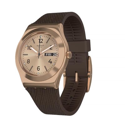 Swatch Irony Serie Quartz Uurwerk 30M Waterbestendig Horloge 33Mm Gele Wijzerplaat Roestvrijstalen Kast Siliconen Band Unisex Horloges YLG701 Brown Strap beige