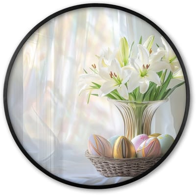 Poster in lijst Rond - Fotolijst 60x60 cm - Posters - Vaas - Eieren - Bloemen - Ronde posterlijst zwart - Decoratie - Wanddecoratie woonkamer - Muurdecoratie slaapkamer