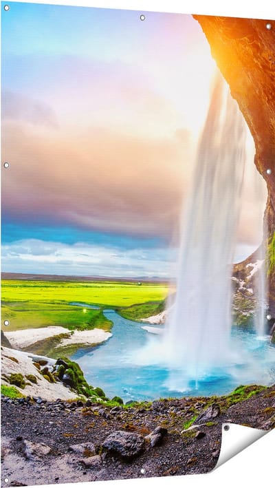 Gards Tuinposter Waterval van een Klif bij Zonsondergang - 100x150 cm - Tuindoek - Tuindecoratie - Wanddecoratie buiten - Tuinschilderij