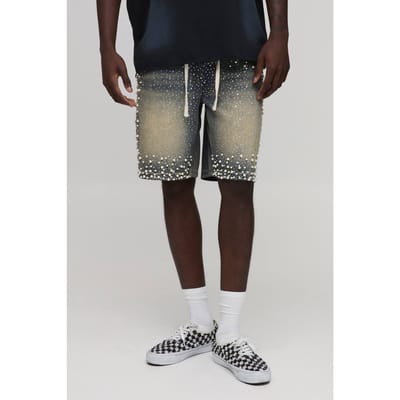 Ontspannen Denim Shorts Met Strass En Verlengd Trekkoord | Antique Wash | Size 40R