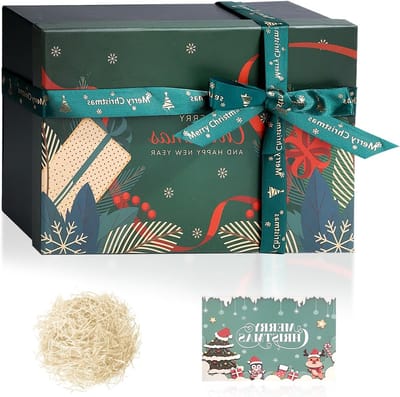 Grote Kerstcadeaubox met Deksel 29 x 22 x 10,5 cm - Luxe Lege Cadeaubox met Groetkaart, Touw en Strik, Vouwbaar en Stevig, Perfect voor de Feestdagen