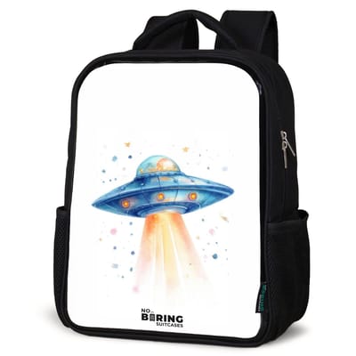 NoBoringSuitcases.com® - Rugzak zwart - Schooltas jongen & meisje - Blauw ruimteschip met lichtstraal - Rugtas voor school - Boekentas kind - Schoolrugzak - Kinderrugzak