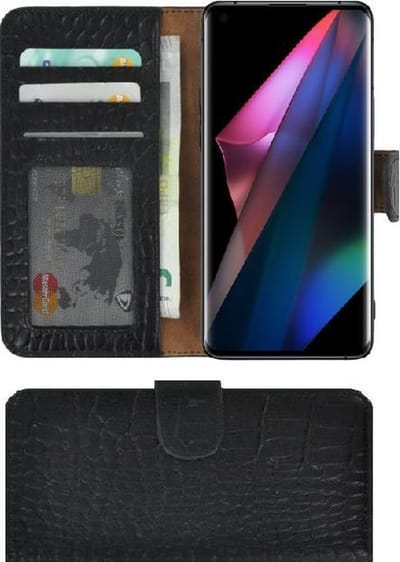 Oppo Find X3 Hoesje - Oppo Find X3 Pro Hoesje - Bookcase - Oppo Find X3/ Oppo Find X3 Pro Wallet Book Case Echt Leer Croco Zwart Cover
