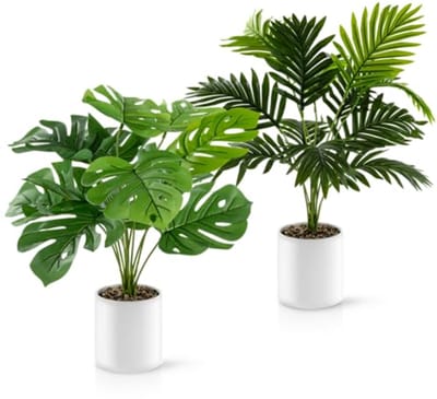 Monstera Kunstpalm Set van 2 - 60 cm in Witte Keramische Potten