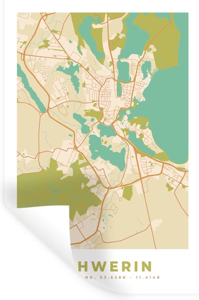 Muurstickers - Sticker Folie - Vintage - Stadskaart - Schwerin - Plattegrond - Kaart - 20x30 cm - Plakfolie - Muurstickers Kinderkamer - Zelfklevend Behang - Zelfklevend behangpapier - Stickerfolie
