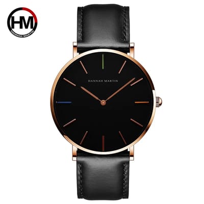 HANNAH MARTIN horloge met zwarte lederen polsband, zwarte wijzerplaat, gouden horlogekast en gouden wijzers voor dames met stijl ( model CH36 FH )